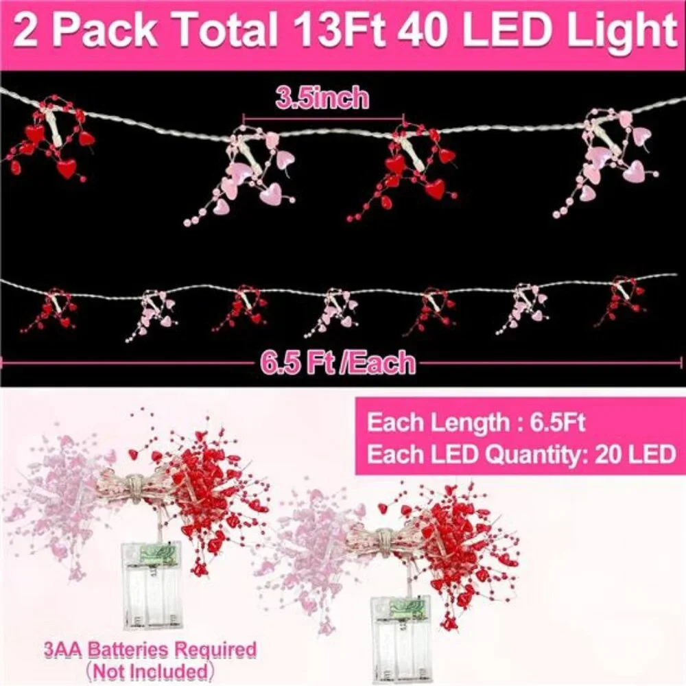 2 Pack Valentines Day Decorations Pink & Red Hearts Lights, Valentine